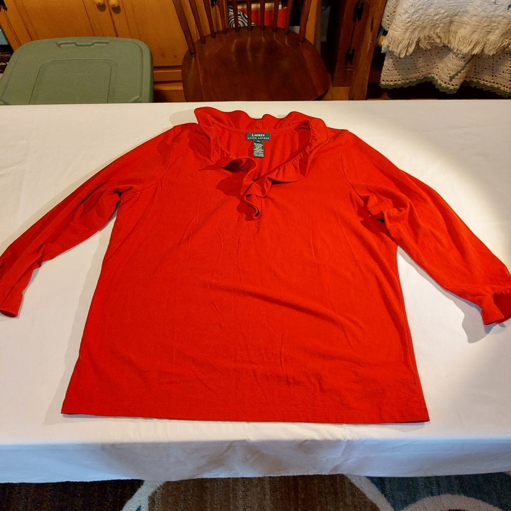 Lauren Ralph Lauren Red Ruffled V-neck Top 1X EUC - Picture 6 of 10